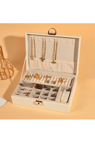 Mdl10- Beyaz Takı Kutusu Kilitli Deri Görünümlü Takı Düzenleyici