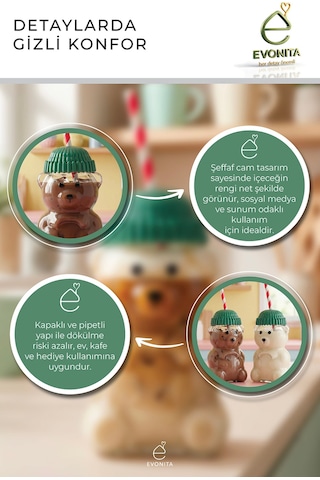 Barista Cam Soğuk İçecek Bardağı Ayıcıklı Bardak 500 Ml Kapaklı Sevimli Cam Kupa Şeffaf