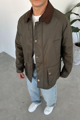 Haki Waxed Çıt Çıt Cep Detay Oversize Ceket Haki