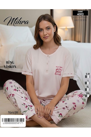 Mihra Kadın Ring Viskon Düğmeli Yaka Kısa Kol Likralı Pijama Takımı 40112p - 1 Adet Pembe