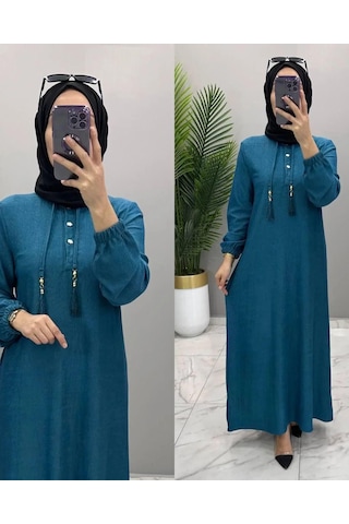 Kadın Petrol Rengi Karin Aerobin Kumaş Yarım Ön Düğmeli Püskül Bağcık Kuşaklı Tesettür Elbise Petrol