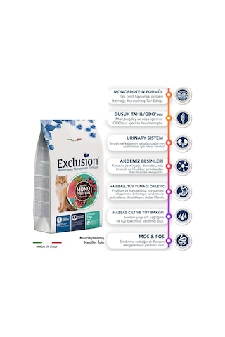 Exclusion Düşük Tahıllı Monoprotein Ton Balıklı Kısırlaştırılmış Kedi Maması 1500 G