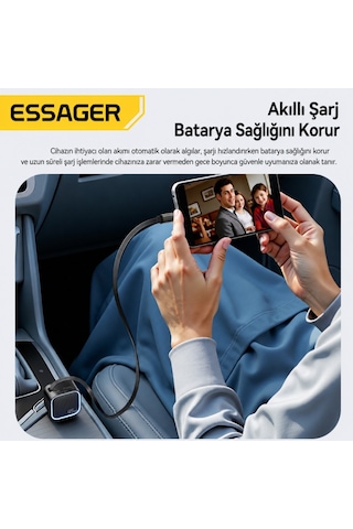 Essager 45w Hızlı Şarj Araç Şarj Cihazı Type C 75cm Çekilebilir Kablo Usb-c Usb-a 3'lü Çıkış 12v/24v
