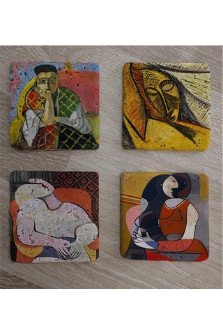 Henri Matisse Ve Picasso Kadınları Doğal Taş Bardak Altlığı 4'lü Set - Natural Stone Coasters - Taş Çok Renkli