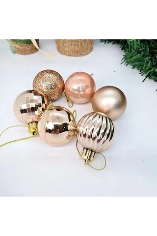 4 Cm - Yılbaşı Lüks Top Süs Seti 24 Adet Rose Gold Simli-parlak-mat-disco-çizgili Asetatlı Kutu