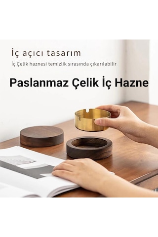 Coofbe Ahşap Kapaklı Masaüstü Küllük Kül Tablası Paslanmaz Çelik Kül Tablası Koku Engellemeli Küllük