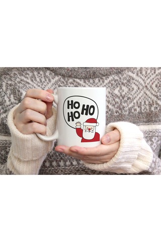 Ho Ho Ho Noel Baba Baskılı Seramik Kahve Çay Kupası Beyaz