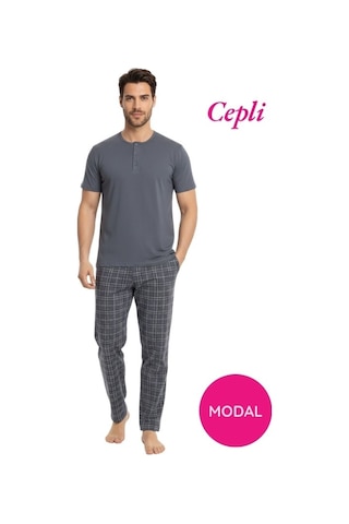 Guava Siyah Erkek Ekose Desenli Modal 3 Düğmeli Pamuk Likra Kısa Kol Cepli Pijama Takımı Gri