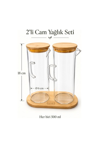 Lavin Bambu Altlıklı Ve Kapaklı 2 Li Cam Yağlık Sirkelik Seti 500 Ml Bambu Ve Şeffaf