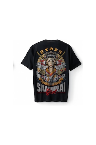 Bumeta Samurai Girl Japon Savaşçı Samuray Anime Baskılı Oversize Unisex Tişört T-shirt Siyah