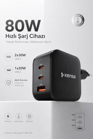 80w Üç Portlu Usb-c Girişli Akıllı Hızlı Şarj Adaptörü