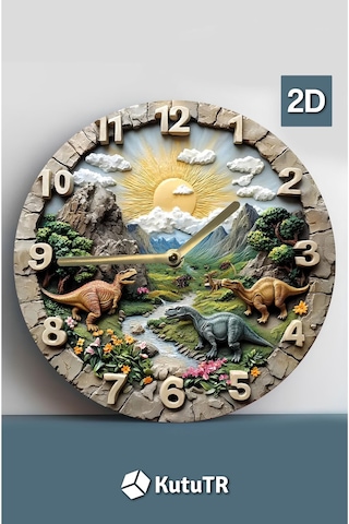 Sessiz Yuvarlak Ahşap Duvar Saati, Kuvars Dinazorlar 2d Sdw027 Renkli