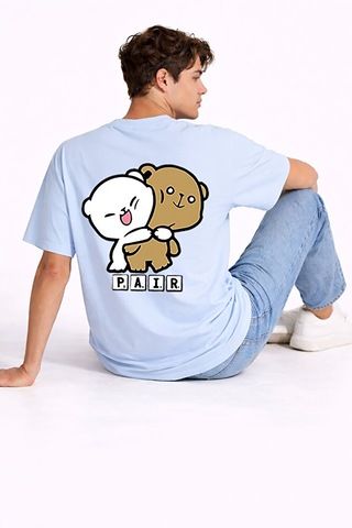 Sevgili Kombini Perfect Pair Ayıcık Baskılı Çift Tişört Oversize Unisex Partner Kombin Seti Mavi