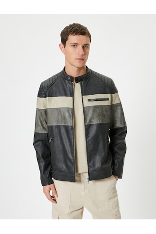 Koton Suni Deri Ceket Renk Bloklu Dik Yaka Fermuarlı Cepli Slim Fit Siyah 5wam20028hw Siyah Siyah