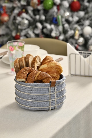 Silver Yuvarlak Ekmek Sepeti Şık,ekmeklik Açık Mavi Hasır Örmeli Makrome-çok Amaçlı Metal Paslanmaz Gümüş