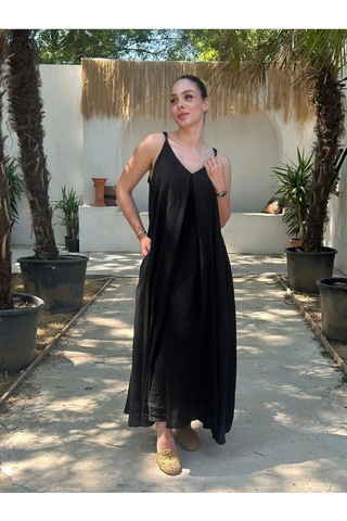 Yazlık Keten Askılı Oversize Elbise Siyah