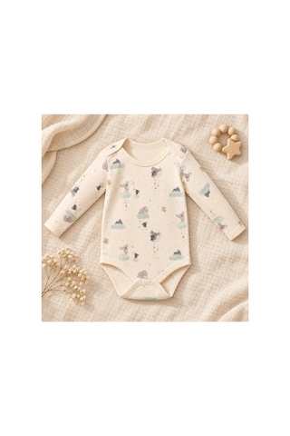 Cantaz Unisex Bebek Koala Desenli %100 Pamuk Uzun Kollu Çıtçıtlı Body Zıbın Krem