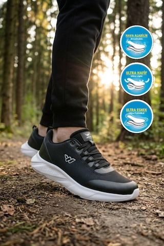 Walkway Siyah Beyaz Fileli Hafif Esnek Büyük Numara Erkek Spor Ayakkabı Pete M Siyah - Beyaz