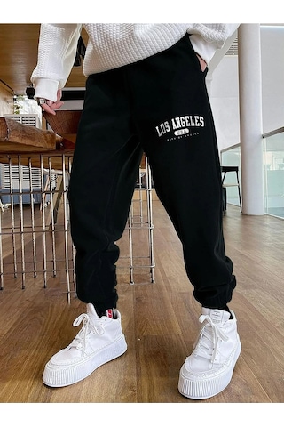 Los Angeles Siyah Jogger Eşofman Altı - Lastik Paça Baskılı Rahat Ve Tarz Siyah