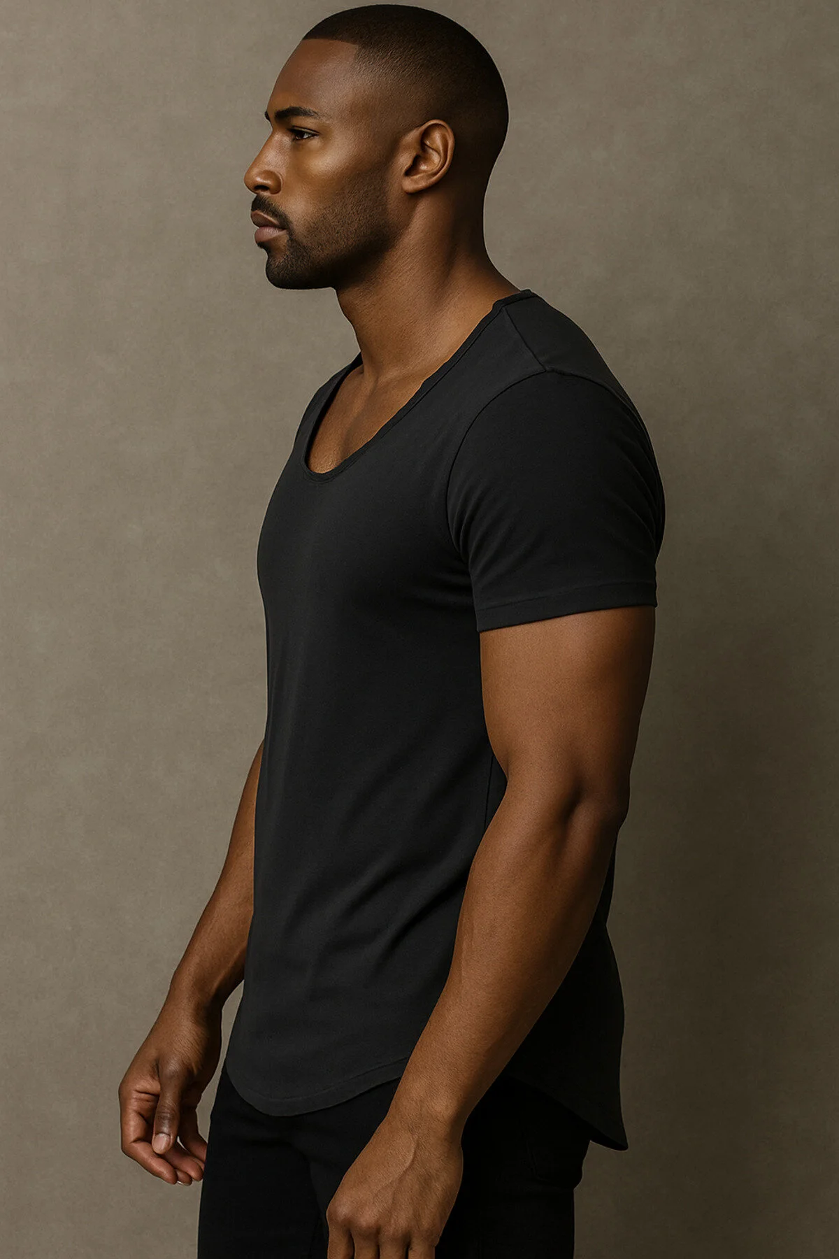 Premium Kalite Erkek Siyah Geniş Yaka Tam Likralı Alt Oval Slim Kesim Tişört T-shirt Siyah