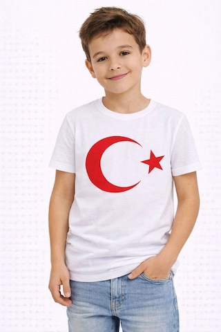 Primemağazam Erkek Çocuk Tişört Bisiklet Yaka Ay Yıldız Bayrak Baskılı T-shirt - Beyaz Çeşitli