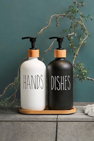 Hands Dishes 2 Li Siyah Beyaz Dekoratif Mutfak Banyo Sıvı Cam Sabunluk Seti 500ml Bambu Stantlı Set Siyah Beyaz