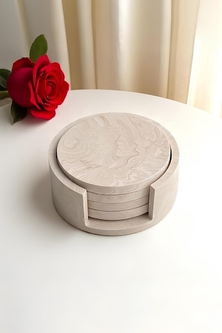 Mermer Desenli 4 Lü Beton Bardak Altlığı & Stand Minimalist Dekoratif Set Mermer Desen