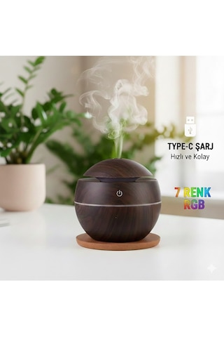 Prime Home Oval 200ml Hava Nemlendirici - 7 Renk Rgb Işıklı Difüzör - Type-c Girişli Aromaterapi Regular Koyu Kahverengi