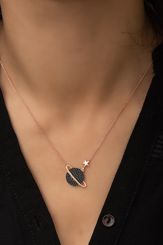 Papatya Silver Siyah Taşlı Gezegen Kolye Rose Altın Kaplama 925 Ayar Gümüş Kadın Kolye - UVPS100184