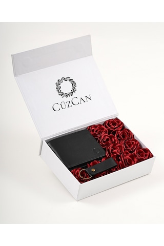 Premium Gift Rose Box - Joseph Siyah Hakiki Deri Cüzdan - Anahtarlık Ve Kırmızı Gül Kutusu Siyah