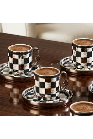 Perotti 16992 Gümüş Dama 6 Kişilik Porselen Fincan Seti 12 Parça Türk Kahvesi Fincanı Takımı-90ml Çok Renkli