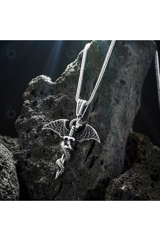 Gümüş Siyah Mikro Taşlı Kılıç Ve Ejderha Tasarım Erkek Kolye 552468532
