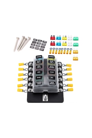 Lemestar 12 Yollu Led Göstergeli Sigorta Kutusu + 10 Adet Sigorta + 10 Sarı Terminal + Sticker 30