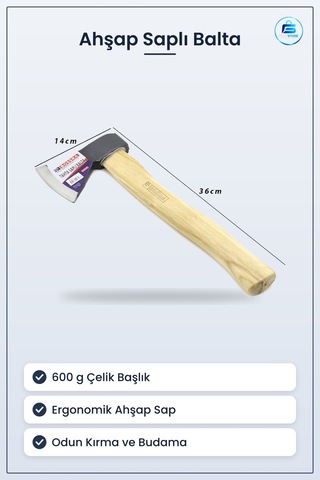 Ahşap Saplı Balta 600 G Çelik Başlık Kamp Bahçe Odun Kırma Budama