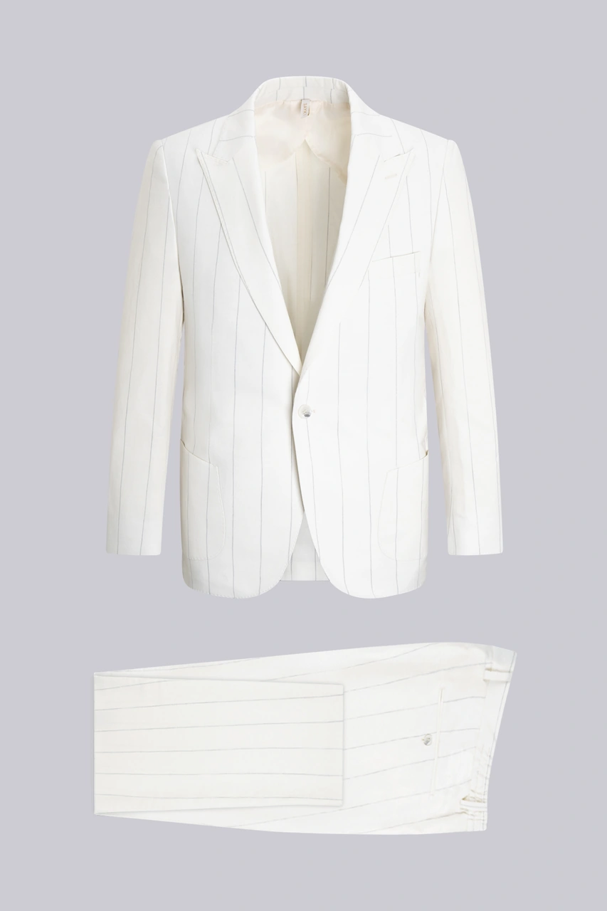 Beyaz Slim Fit Sivri Yaka Çizgili Keten Casual Takım Elbise Beyaz