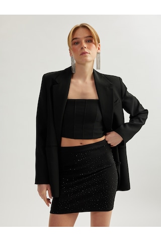 Koton Yüksek Bel Slim Fit Taş Detaylı Mini Abiye Etek Siyah 5sak70012fk Siyah