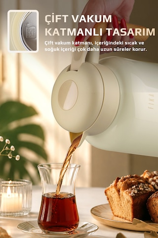 Fika Paeta Çift Katmanlı Sızdırmaz Kapaklı Çelik Büyük Boy Sürahi Termos 2 Litre Bej
