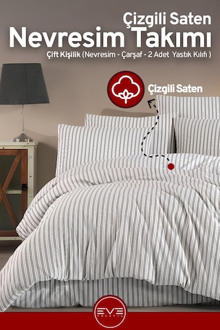 Saten Çizgili Çift Kişilik Lüks Nevresim Takımı Set 200x200 Cm Koyu Gri