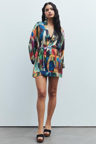 Fumée Coloré Desenli Kısa Saten Sabahlık / Kimono Çok Renkli