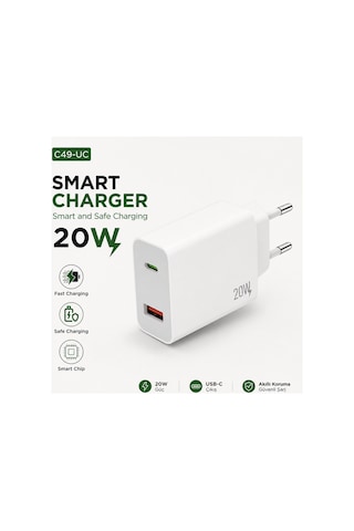 C49-uc Smart Charger 20w Usb Ve Type C Girişli Hızlı Şarj Destekli Şarj Adaptörü Fast Charging Smart Chip Safe Charging Adaptör Başlık