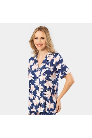 Türen Yaprak Desenli Kısa Kollu Gömlek Yaka Pijama Takımı 3355/lacivert 001
