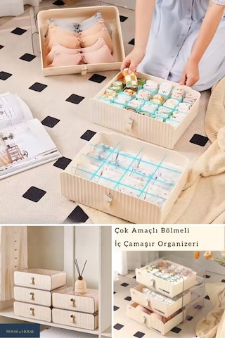 Piev Çok Amaçlı Bölmeli İç Çamaşırı Çorap Bebek Kıyafeti Düzenleyici Organizer Krem