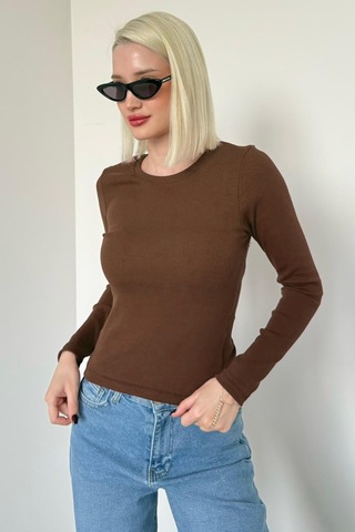 Madmext Kahverengi Bisiklet Yaka Slim Fit Kadın Body Mg2564 Kahverengi
