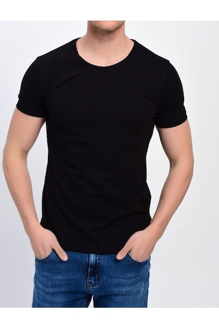 Nacar Store Erkek Siyah Bisiklet Yaka Likralı Basic T-shirt