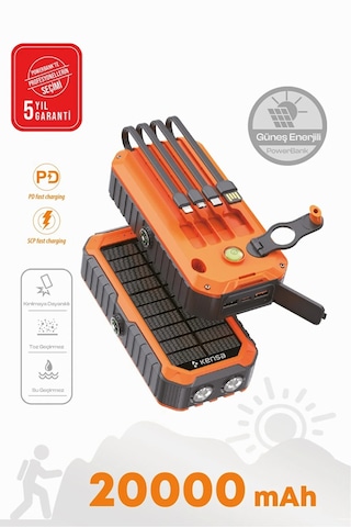Güneş Enerjili Powerbank 20.000 Mah Taşınabilir Şarj Dahili Kablo Solar Şarj Cihazı Siyah - Turuncu