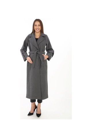Defymoda Uzun Kaşe Kaban Yünlü Dokuma Kaşmir Kumaş, Kruvaze Yaka, Kuşaklı Astarlı Tesettür Uyumlu Şık Kışlı Füme