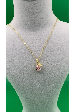 Gold Renk Pembe Çiçek Model Zirkon Taşlı Kadın Çelik Kolye Altın