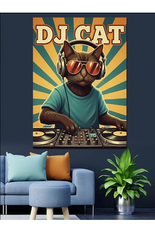 Kulaklıklı Dj Kedi Çocuk Dekoratif Kanvas - Mdf Ahşap Tablo