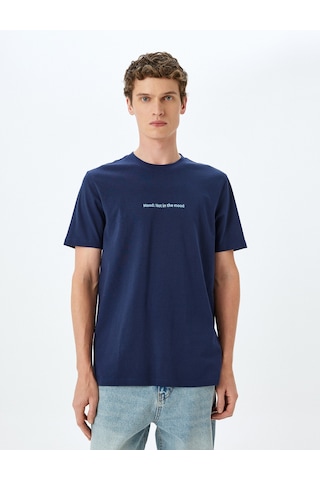 Koton Pamuklu Bisiklet Yaka Kısa Kollu Slim Fit Slogan Baskılı Tişört Lacivert 5sam10046hk