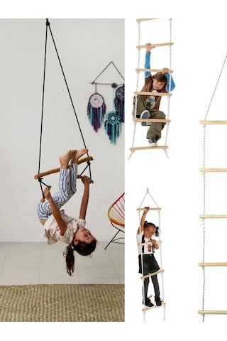 Çocuk Ahşap İp 6 Merdiven Ve Trapez Salıncak 2 Li Eğitici Settırmanma Kulesi & Trapez Jimlastik Salı